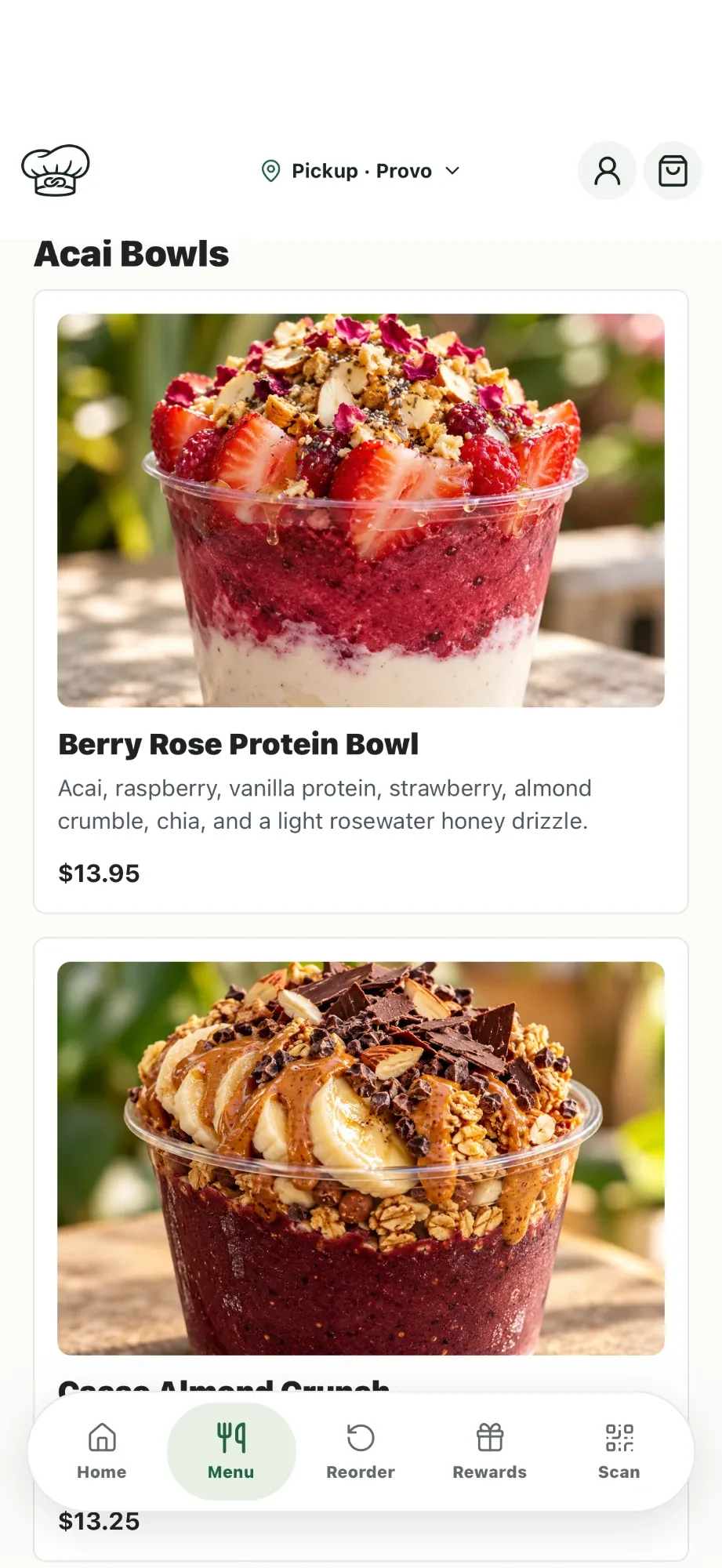 A branded app's Acai Bowls category with item photos and prices