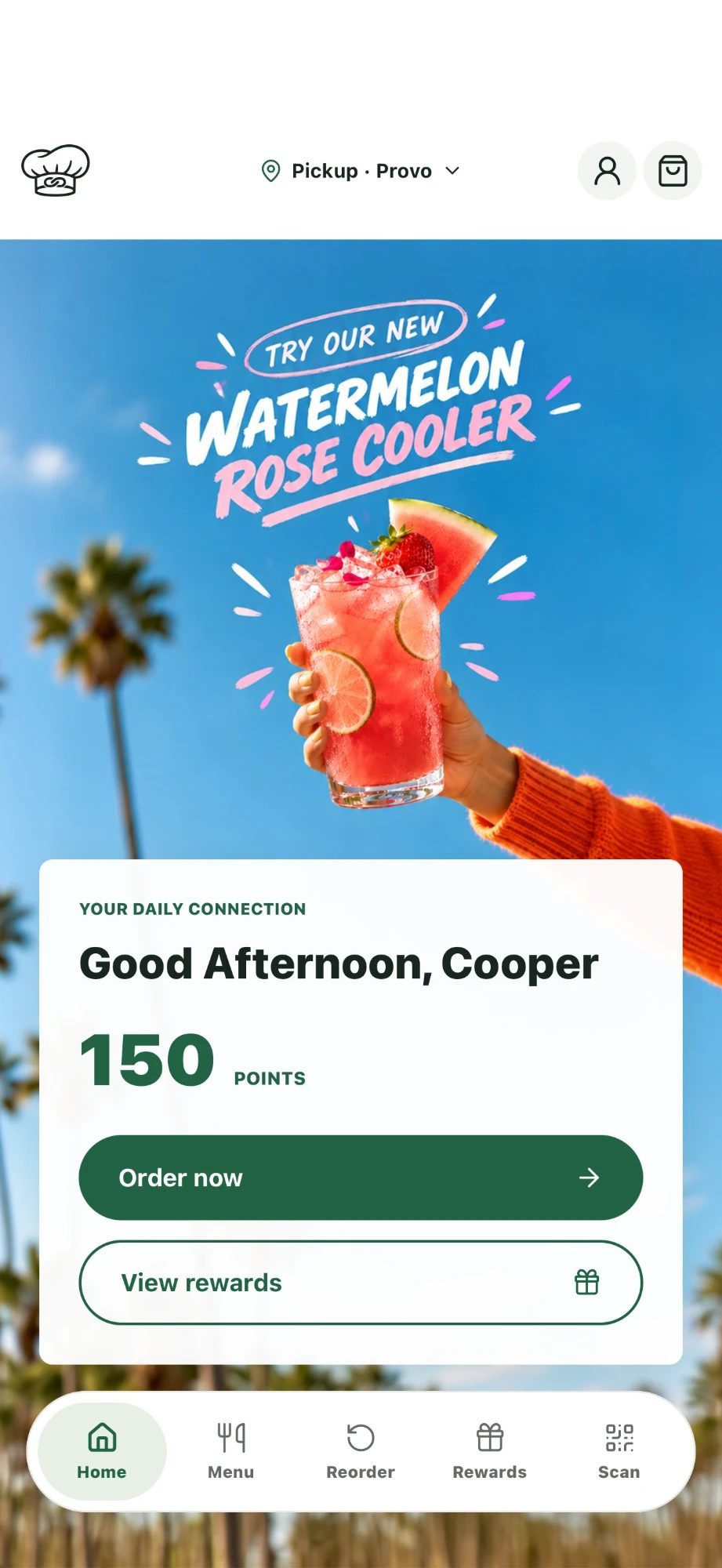 A restaurant's branded Cafe Konnect app home screen showing a seasonal drink promo, 150 rewards points, and Order now / View rewards buttons